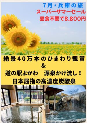 源泉かけ流し！日本屈指の高濃度炭酸泉「道の駅よかわ」と季節限定の絶景４０万本のひまわり観賞　日帰りバスの旅