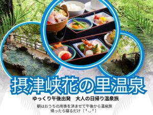 ハイヤーで行く午後出発！摂津峡花の里温泉「山水館」で温泉とご夕食 日帰りの旅
